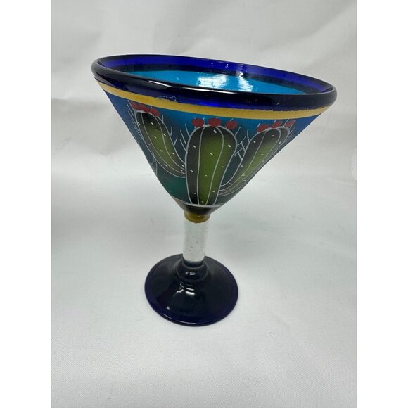 2 Hand-Painted Mexican Blown Glass Margarita Glasses Cactus Sleeping Man  Blue - Picture 2 of 16